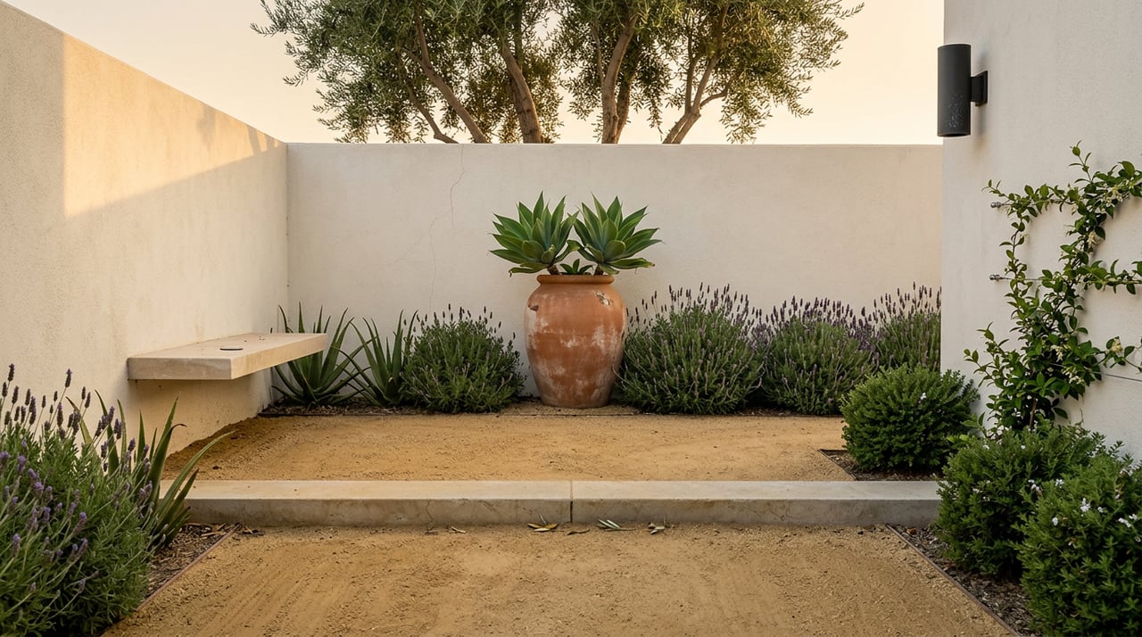 Stucco garden passage with a limestone step, terracotta planter, olive canopy, and warm late-afternoon light.