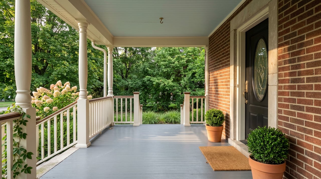 Covered porch with black leaded-glass door, white columns, potted boxwoods, and foliage beyond the railing.