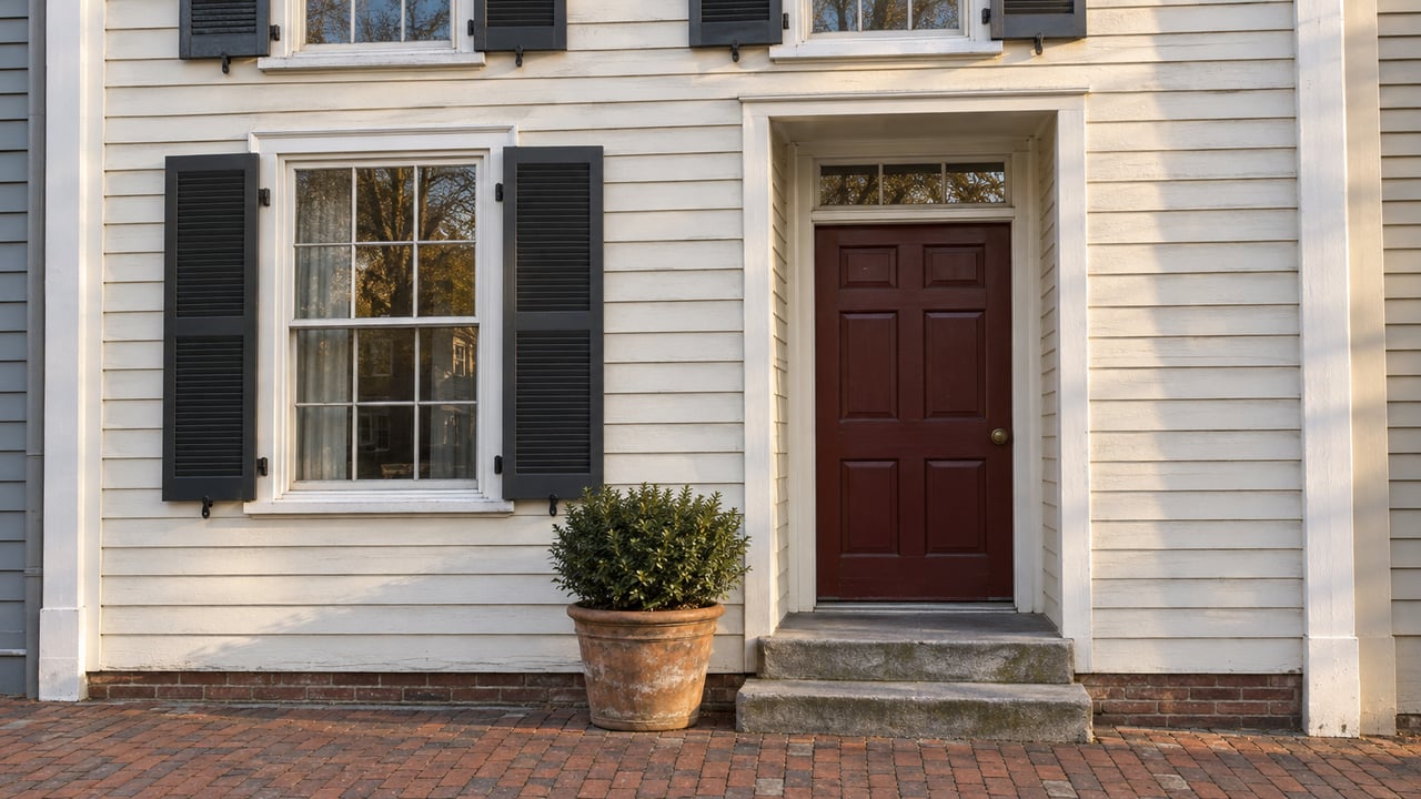 An ivory clapboard home with charcoal shutters, an oxblood entry door, worn sandstone steps and a red-brick pedestrian path.