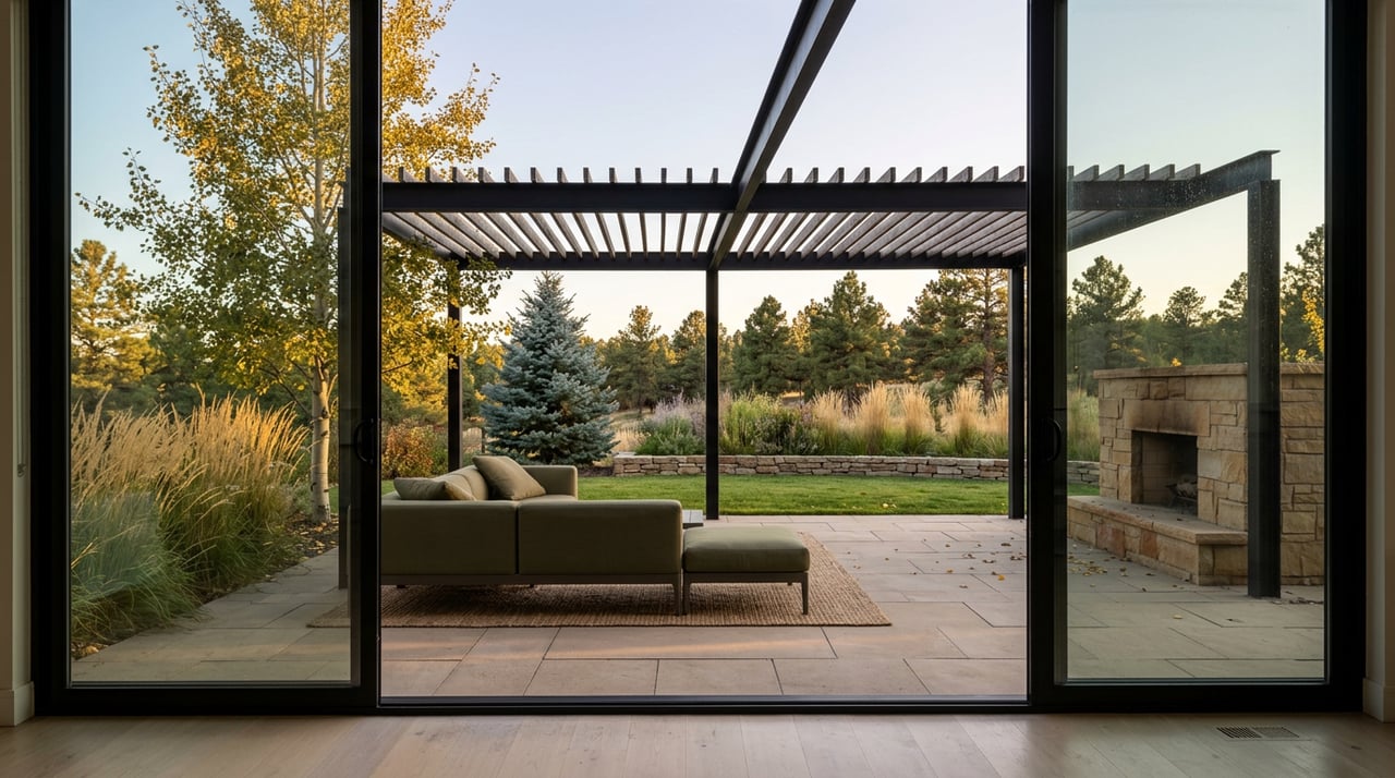 Patio with a sandstone fire feature and black pergola, framed by golden aspen leaves and a distant pine-covered ridge.