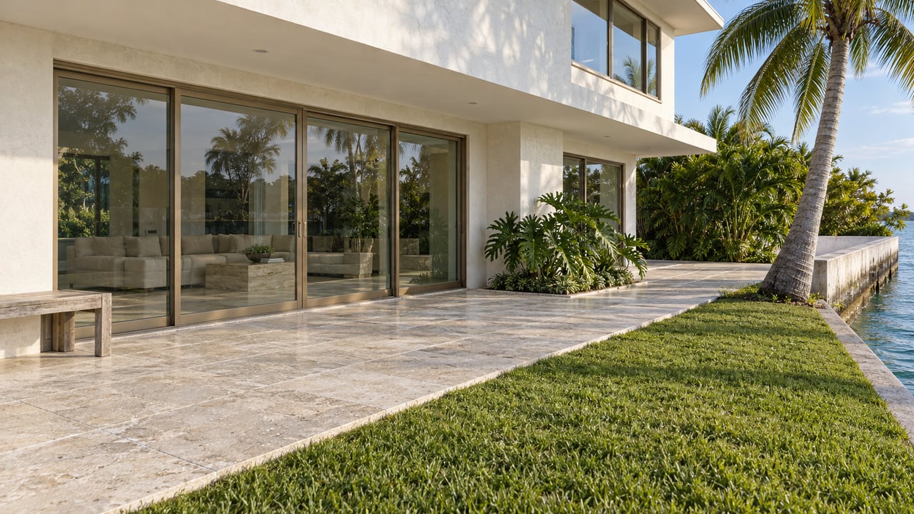 Sunlit white waterfront home with closed glass doors, a limestone terrace, teak bench, lawn and a small edge of blue-green water.