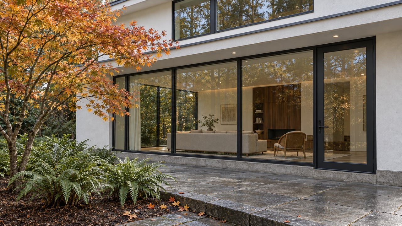 Contemporary white home with tall black-framed windows, a basalt terrace, and a copper-leaved vine maple beside sword ferns.