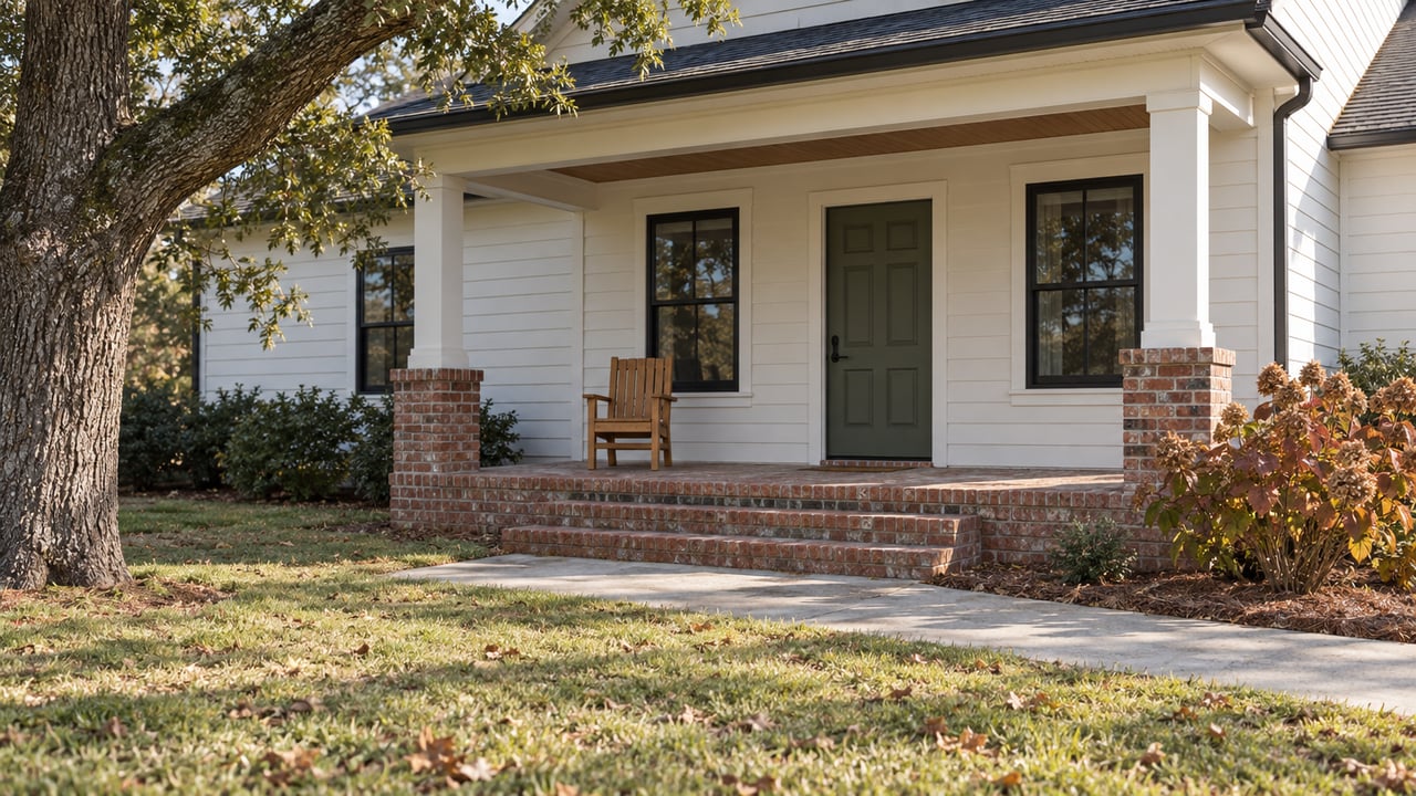 White-sided single-story home with a brick porch, olive front door, oak tree and late-autumn lawn.