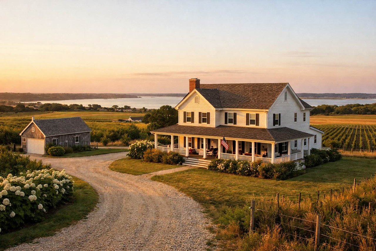 North Fork home with gravel driveway surrounded by fields
