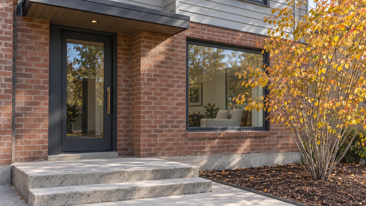 Sunlit brick and pale siding frame a glazed home entrance beside copper-yellow serviceberry leaves and broad concrete steps.