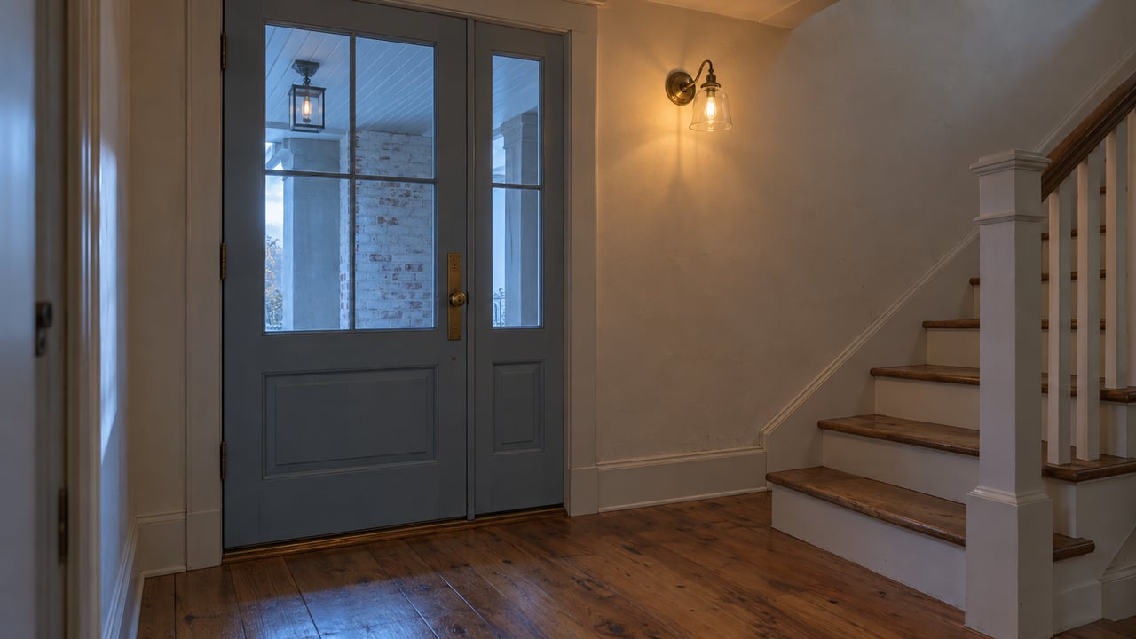 Closed pale-blue glazed entry door and sidelight beside a short stair, with blue predawn light and a warm sconce.