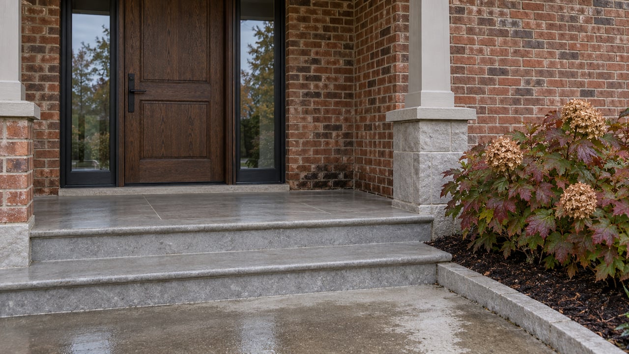 Rain-darkened brick entry with an oak door, paired glass sidelights, limestone steps and an oakleaf hydrangea.