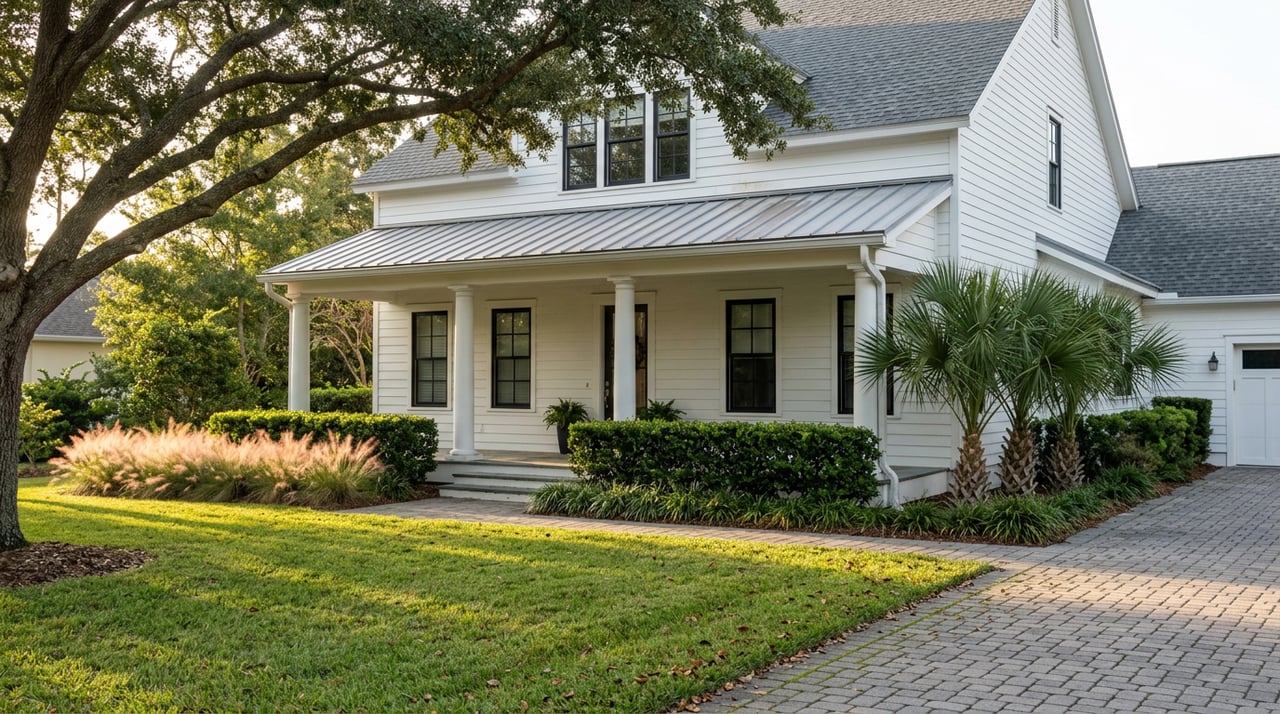 White two-story home with a raised porch, framed by a sprawling live oak, clipped hedges, and pink muhly grass.