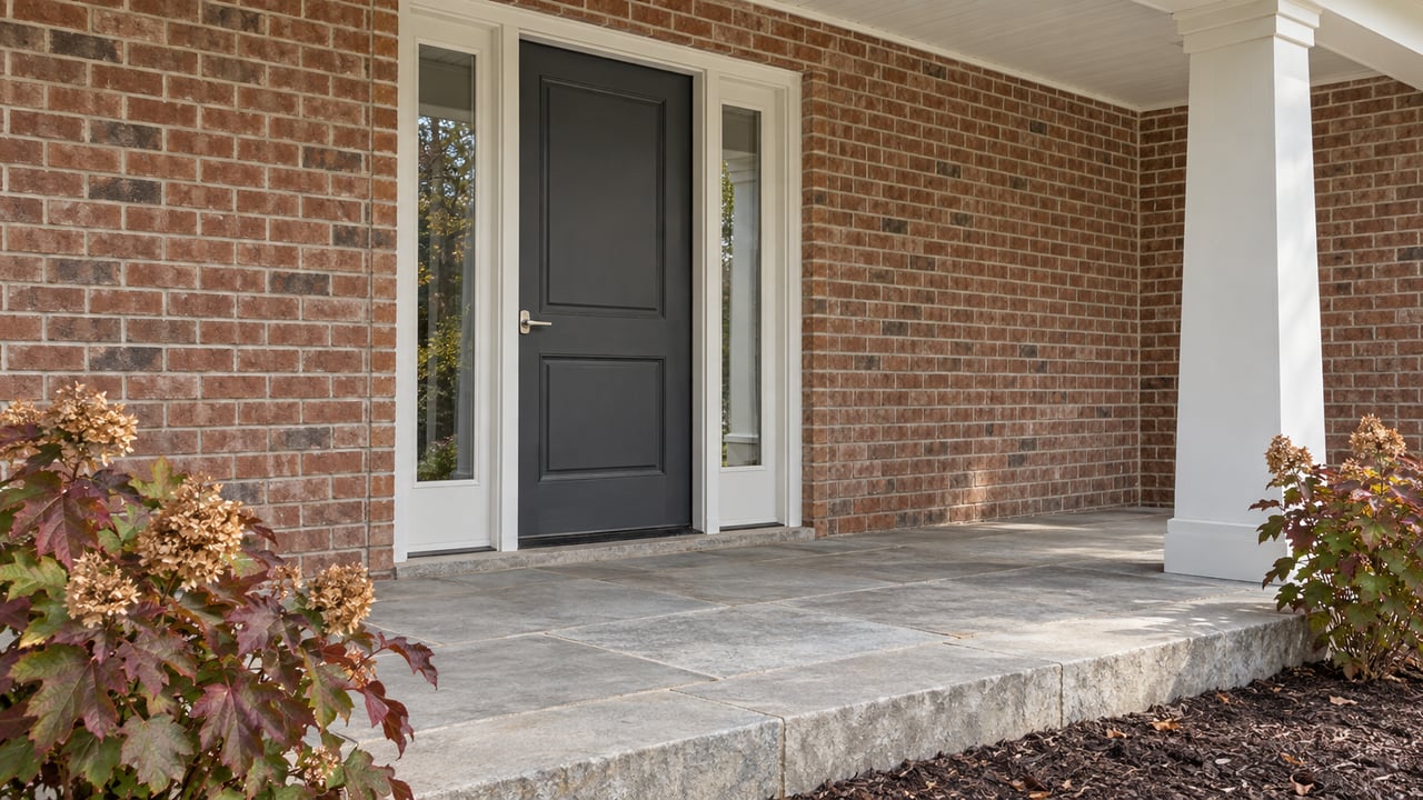 Covered brick home entry with a charcoal door, paired sidelights, gray limestone porch and autumn oakleaf hydrangeas.