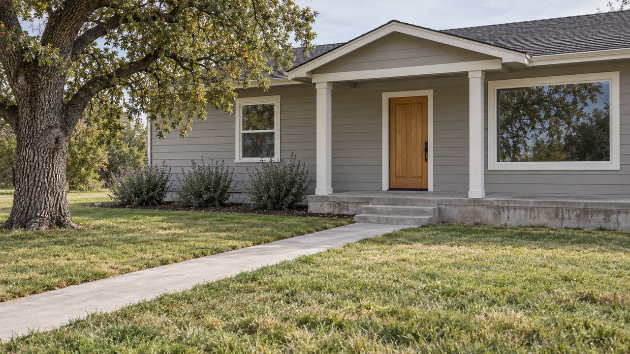 Single-story gray home with a covered porch, concrete front walk, deep lawn and mature oak tree.