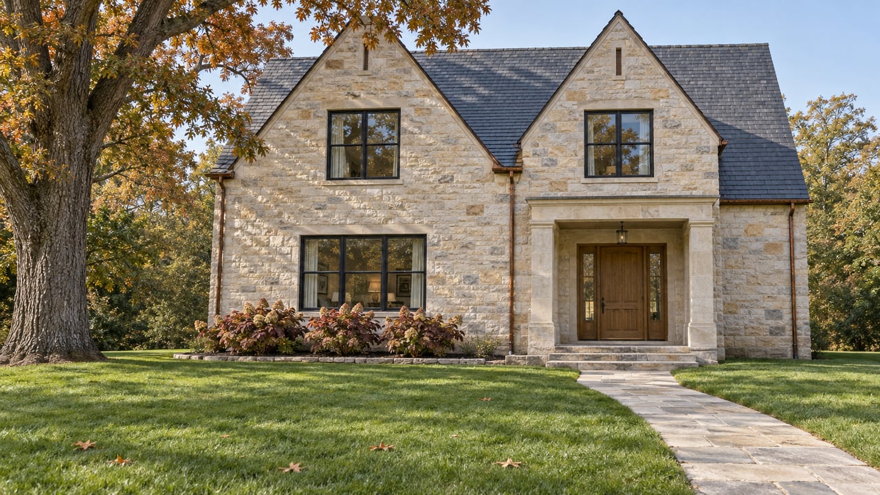 A limestone home with steep slate gables and black-framed windows beyond a deep lawn, with an oak tree and a curved stone approach.
