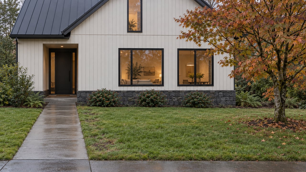 Contemporary white-sided home with a charcoal gable roof, concrete front walk, red-fescue lawn, and russet-leaved tree.