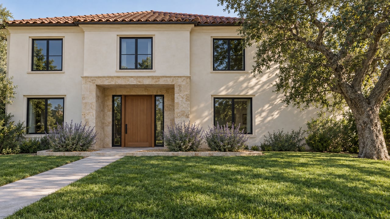 Afternoon light across a two-story ivory stucco home with terracotta roof, limestone entry, deep front lawn, and a mature oak.