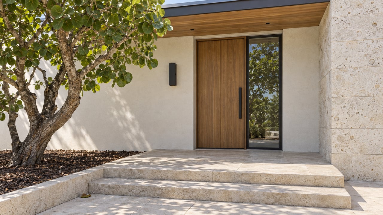 Sunlit stucco and limestone home entrance with a warm wood door, shaded wood soffit and sculptural sea-grape tree.