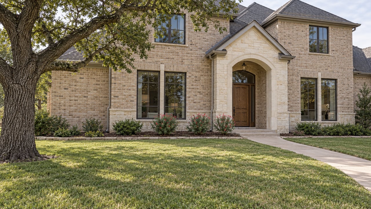 Buff-brick two-story home with a limestone arched entrance, deep front lawn and mature bur oak in soft daylight.