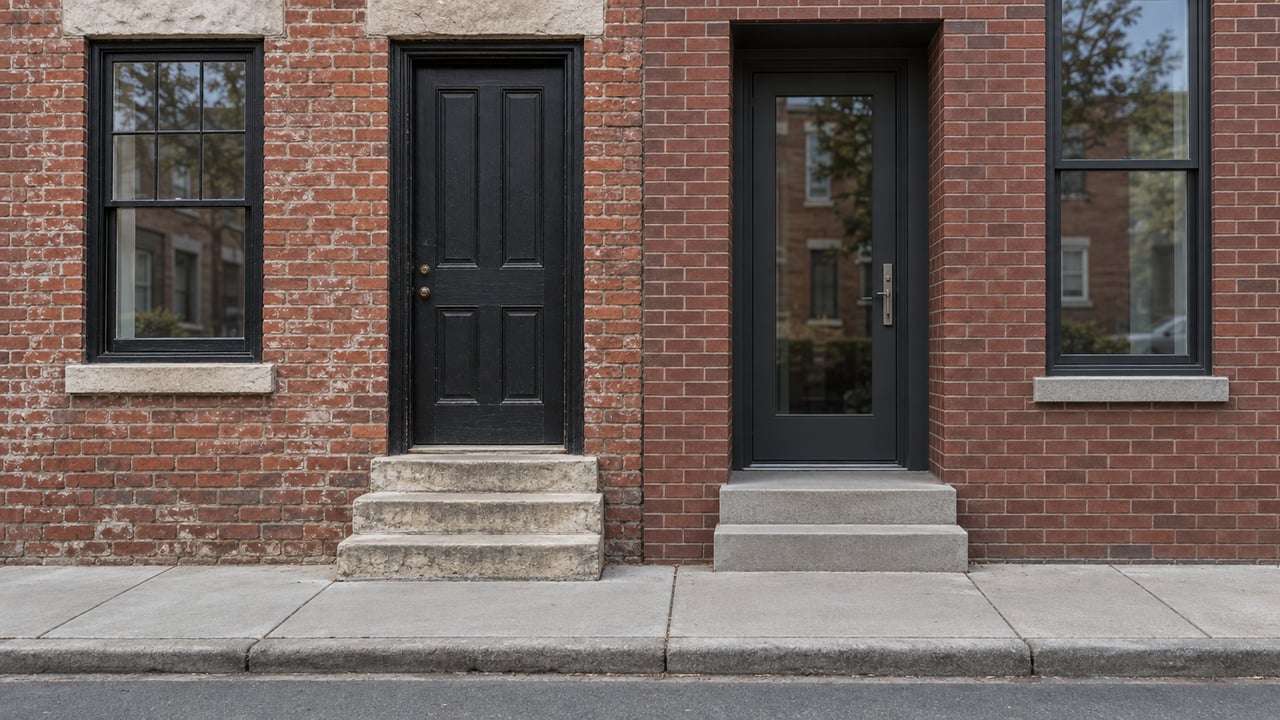 Two attached red-brick rowhouses with contrasting entry doors and separate stone and concrete stoops.
