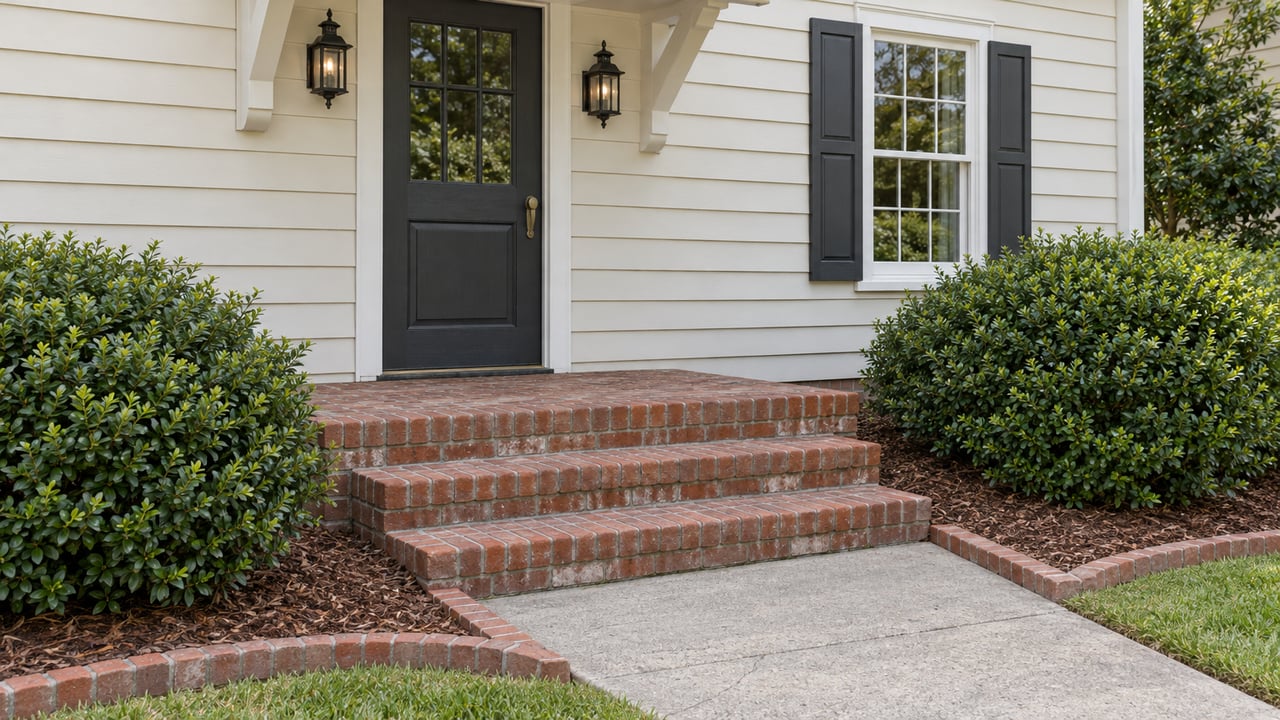 Cream-sided home entry with a charcoal door, red brick steps and two rounded boxwood shrubs beside a concrete walk.