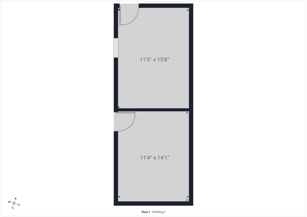 Floor plan of two adjoining rooms with dimensions, door swings, a window, and compass directions.