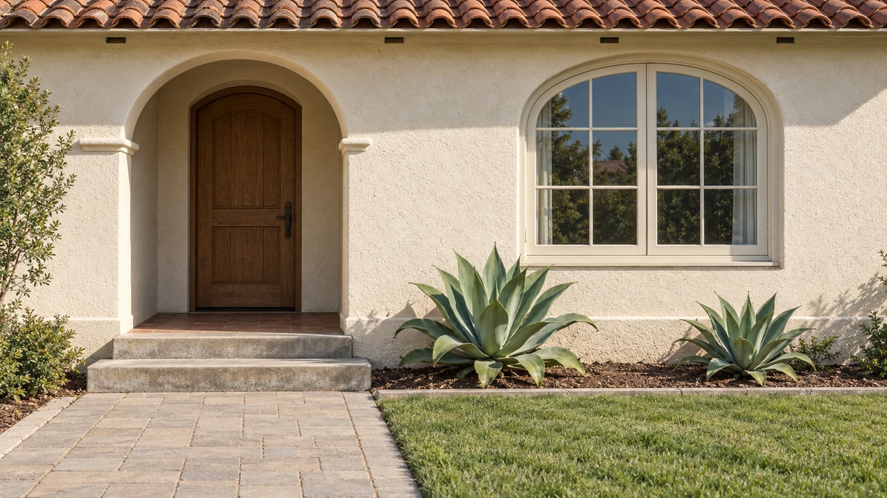 Light stucco home with a terracotta roof, recessed arched oak doorway, divided-pane arched window and a weathered paver approach beside lawn and two agave plants.