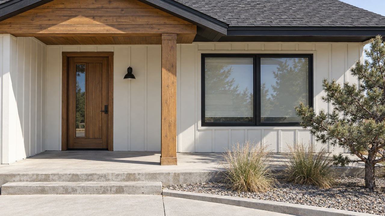 Sunlit wood-accented porch with off-white siding, black-framed windows and a small gravel planting bed.