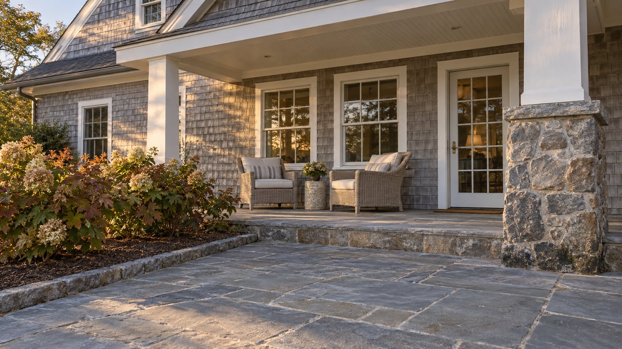 Gray cedar-shingled home with a covered bluestone porch, fieldstone pier, woven chairs and autumn oakleaf hydrangeas in warm evening light.