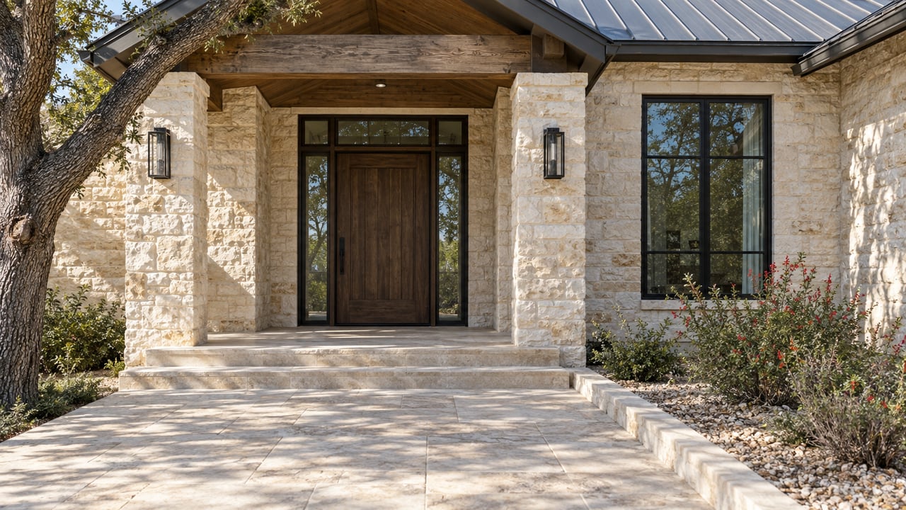 Limestone home entry with a dark oak door, glazed sidelights, exposed porch beam and a stone approach beside flowering salvia.