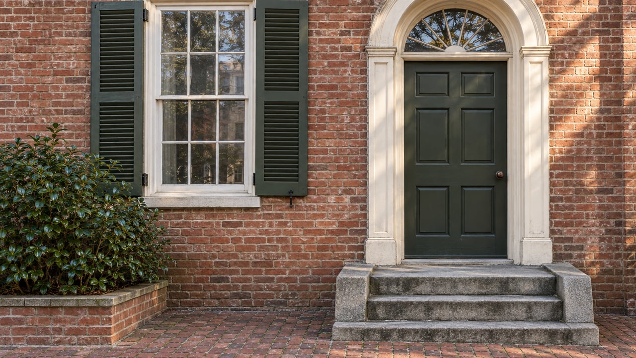 Historic brick home entrance with an olive-painted door, paired window shutters, worn limestone steps, and a camellia in a raised brick bed.