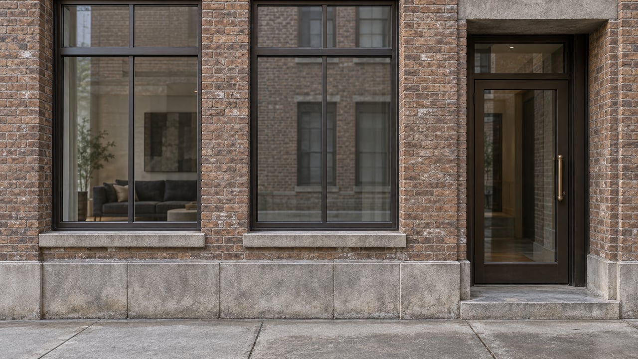 Weathered brown-brick residential loft frontage with bronze-framed windows, a limestone base and a recessed glass entrance in soft daylight.