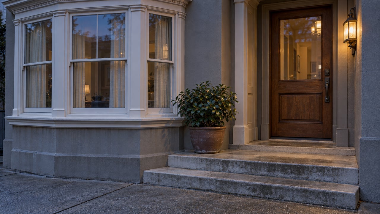 A warm-lit oak entry beside an ivory-trimmed bay window at dusk, with limestone steps and a potted camellia.