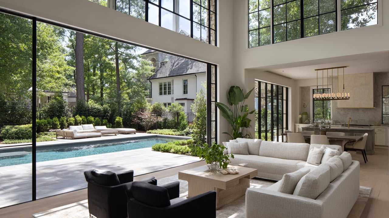Open living room with pool and outdoor seating visible through large windows