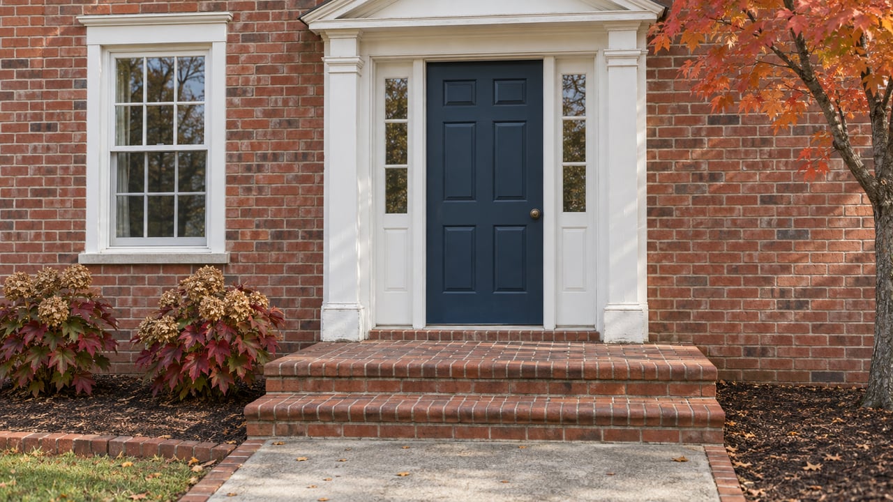 Red-brick home entry with a deep blue door, white trim, brick steps and autumn leaves in soft daylight.