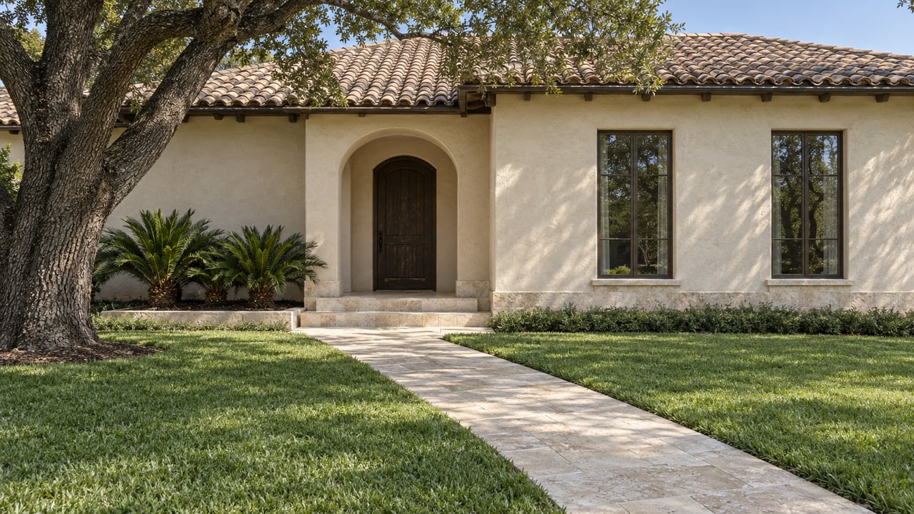 An ivory stucco house with a clay-tile roof, bronze-framed windows and recessed arched entrance beyond a deep lawn and limestone walk.