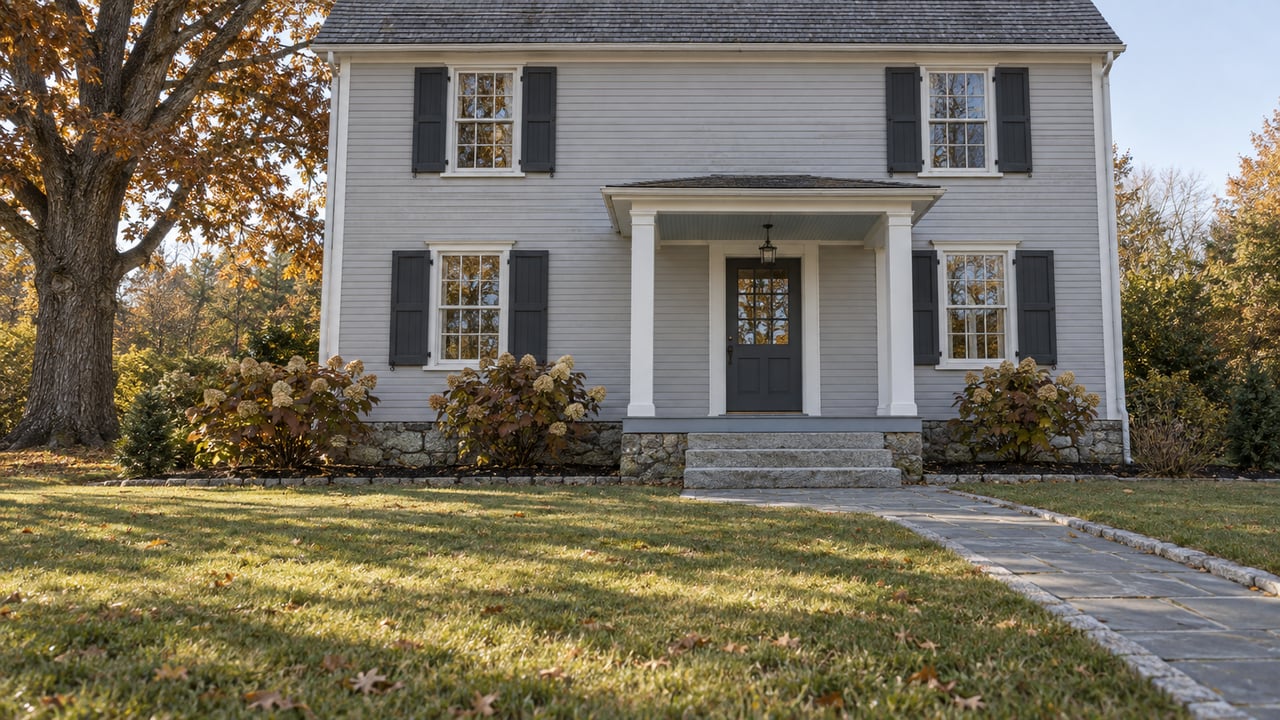 Pale gray clapboard home with dark shutters, a granite-based porch and a broad autumn lawn beneath a mature oak.