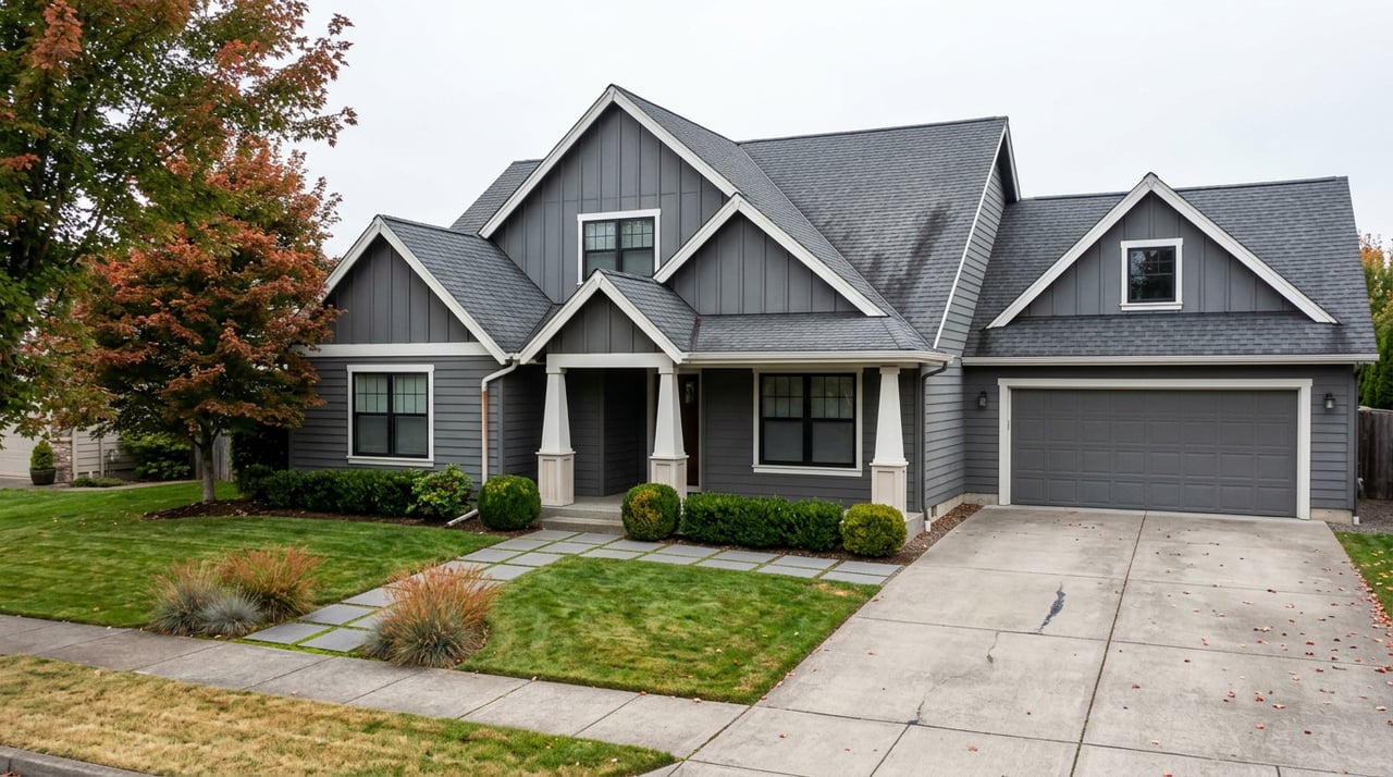 Two-story charcoal-gray home with white trim, multiple gables, an attached garage, and red-orange autumn maple.