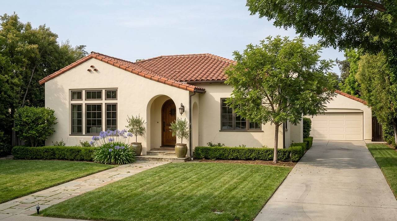 Cream stucco home with a terra-cotta tile roof, arched wood entry, and flagstone walk across a broad lawn.