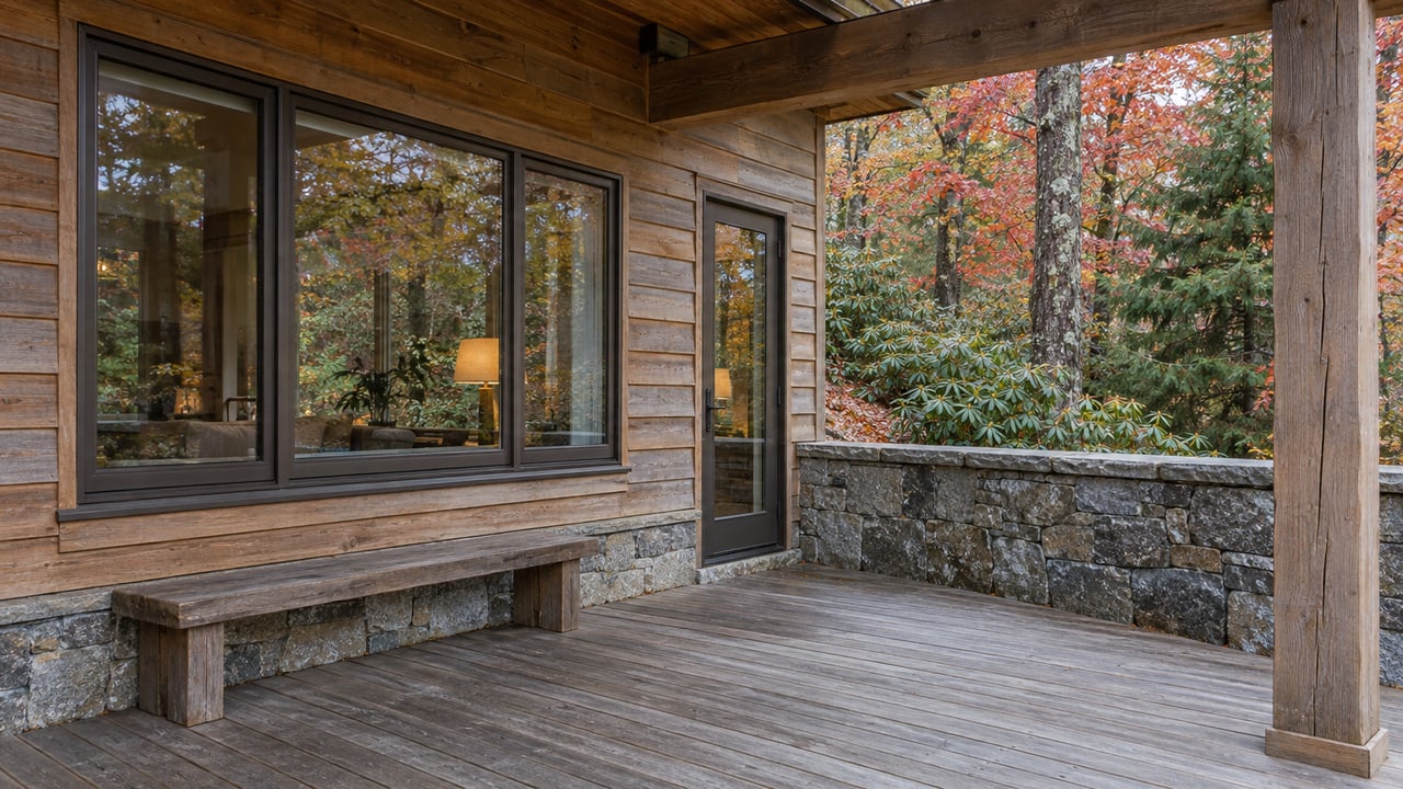 Weathered cedar home with large enclosed windows and a covered wood deck overlooking red maple, hemlock and rhododendron.