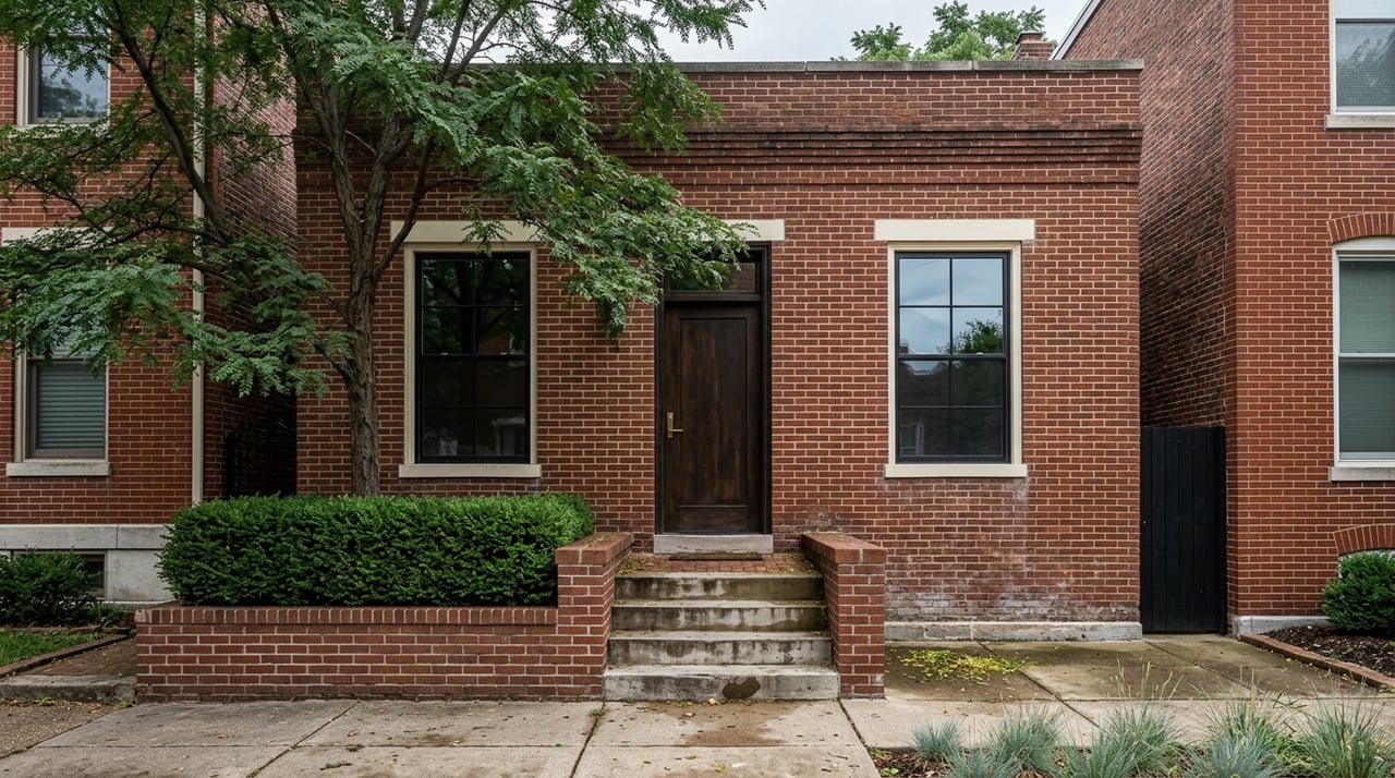 Renovated red-brown brick rowhouse with a concrete stoop, black divided-light windows, and a leafy street tree.