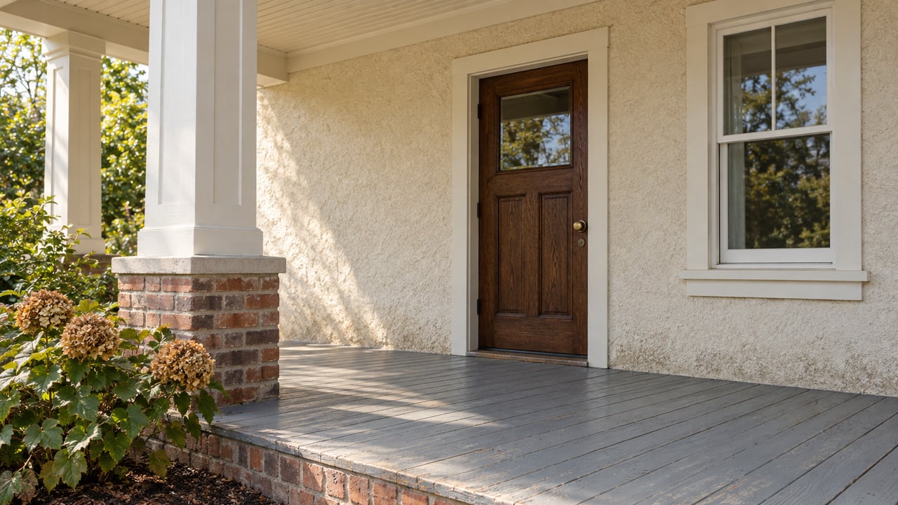 Covered residential porch with an oak entry door, ivory stucco, painted timber column and oakleaf hydrangea beside a brick-edged floor.