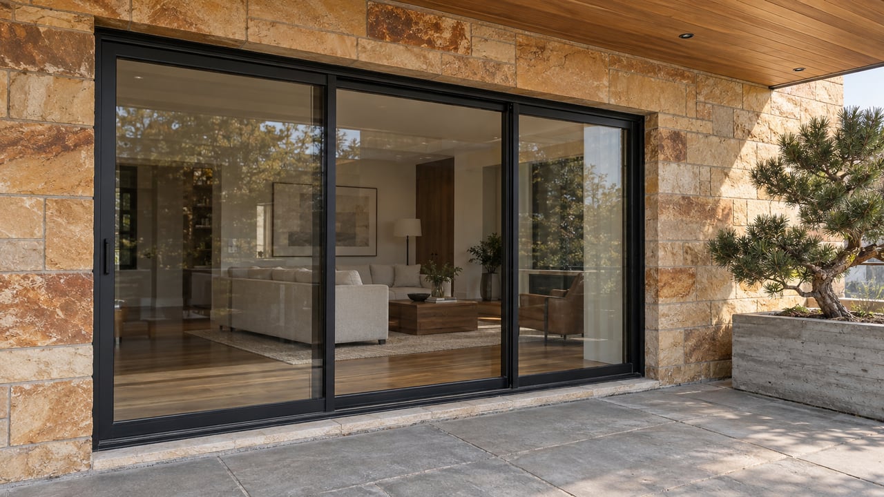 Covered residential terrace with sandstone walls, timber soffit, black-framed glass doors and a single pinyon pine in a raised concrete planter.