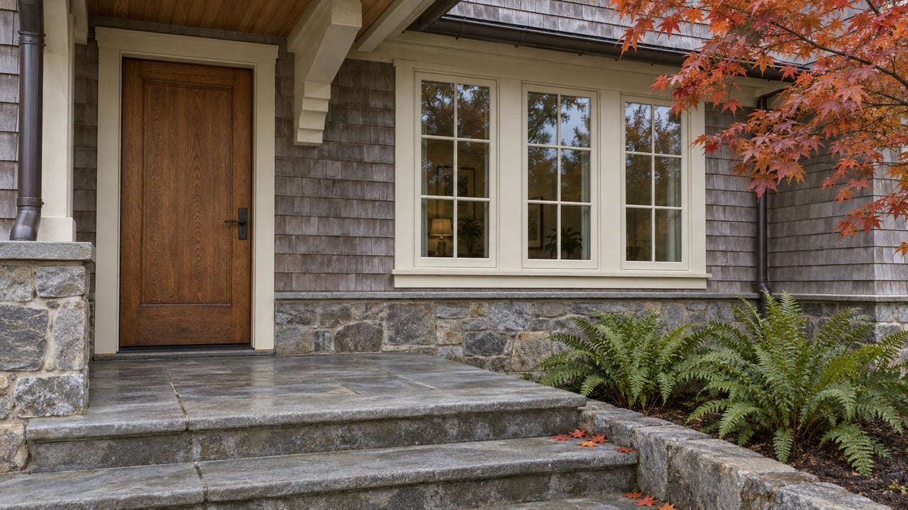 Home entrance with a dark wood door, stone steps, and red-orange autumn leaves.