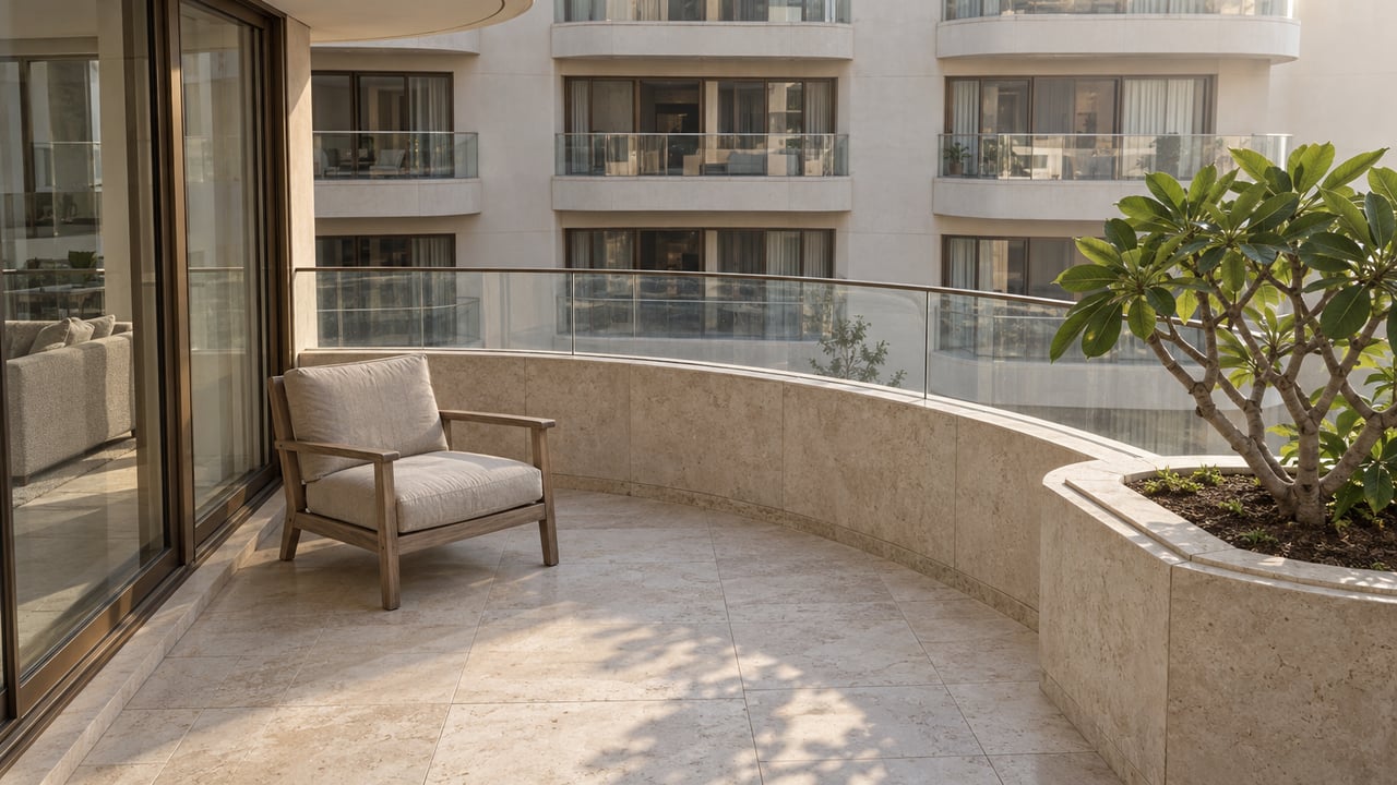 Morning light on a limestone apartment terrace with curved cream balconies, bronze-framed glazing and a single sculptural tree.