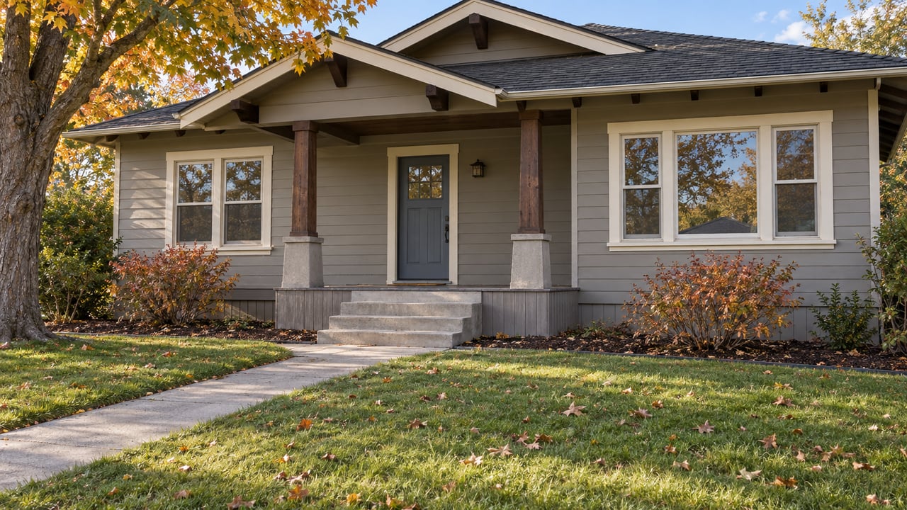 Autumn light across a deep front lawn and a warm gray home with a covered timber porch and ocher maple leaves.