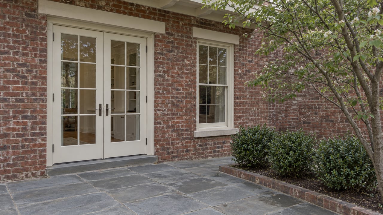 Brick rear facade with closed French doors, a sash window, bluestone terrace, and a raised bed of shrubs.