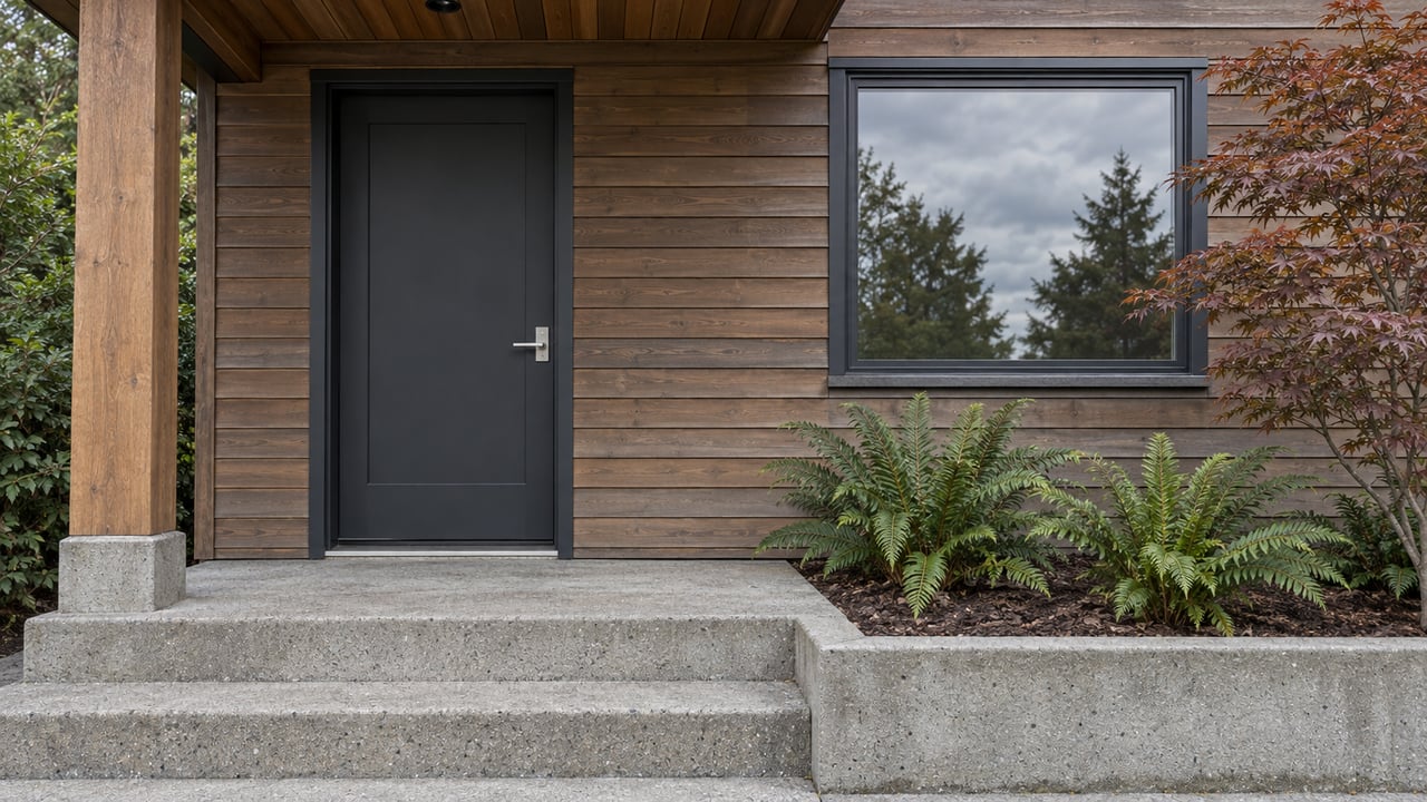 A sheltered cedar-clad home entry with a charcoal door, concrete steps, and autumn Japanese maple beside sword ferns.