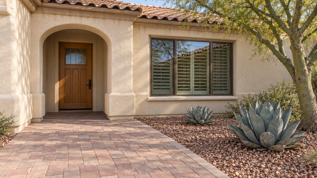 Sunlit stucco home entry with a clay tile roof, wood door, brick-paver approach and sculptural agaves beside a green-trunked tree.