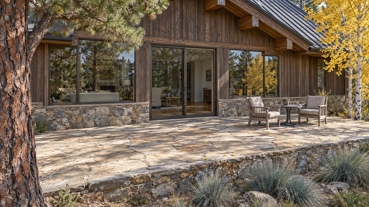 Timber-and-stone home with bronze-framed glass doors, a sandstone terrace, two teak chairs and yellow aspen foliage.
