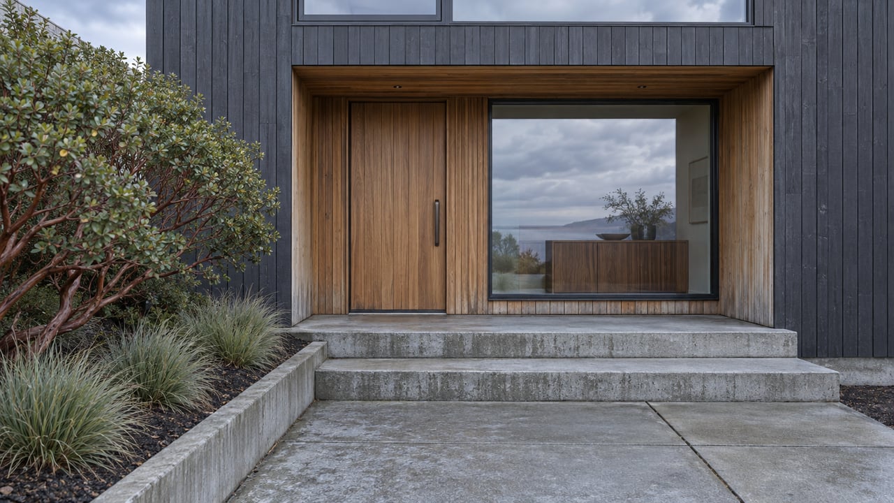 Weathered cedar entry and charcoal cladding on a contemporary home, with concrete steps and a sculptural manzanita in a raised planting bed.