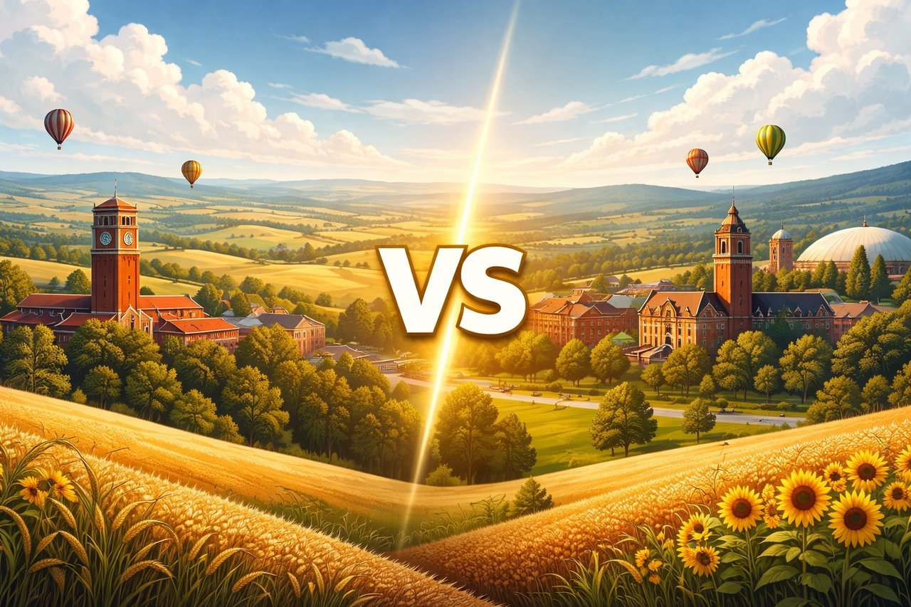 Palouse landscape graphic comparing Pullman, WA and Moscow, ID with a split scene and a large “VS” in the center, featuring rolling hills, wheat fields, and campus skyline elements representing each town.