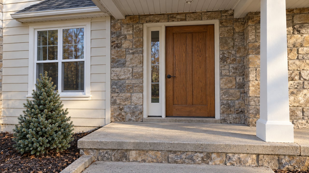 Close view of a covered home entry with an oak door, ivory lap siding, stone veneer and a small white spruce beside the concrete step.