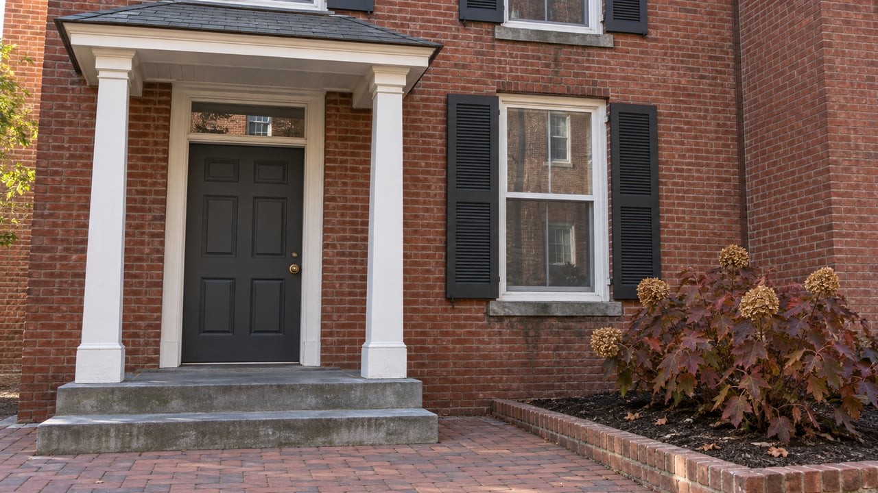 Red-brick residential entry with a white timber portico, worn bluestone steps, and burgundy oakleaf hydrangea foliage.